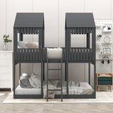 Full Over Full WoodBunk Bed with Roof, Window, Guardrail, Ladder (Gray)( old sku: LP000031AAN ) - Home Elegance USA