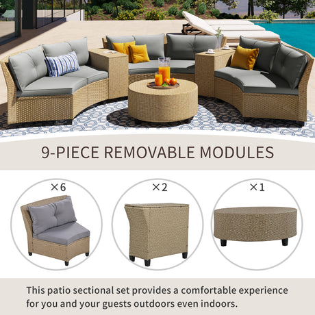 [VIDEO provided] U_Style 6 - Person Fan-shaped Rattan Suit Combination with Cushions and Table,Suitable for Garden