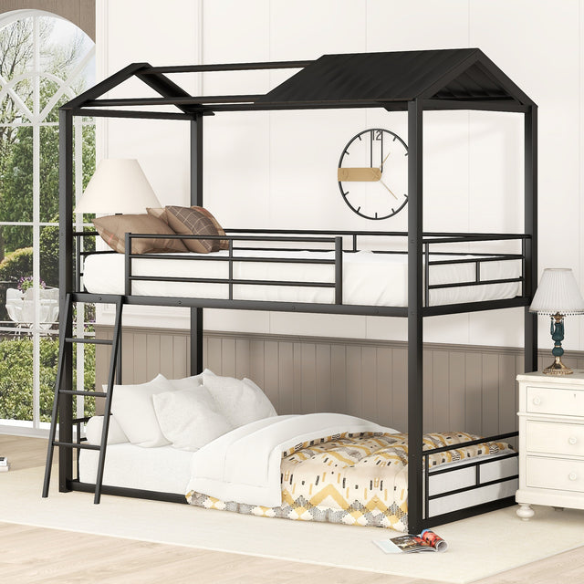 Twin Over Twin Bunk Bed Metal Bed with Half Roof, Guardrail and Ladder Black - Home Elegance USA