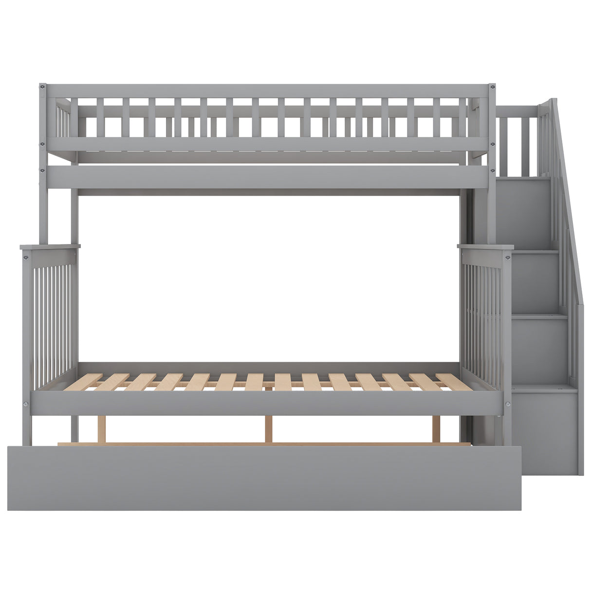 Twin over Full Bunk Bed with Trundle and Staircase,Gray - Home Elegance USA