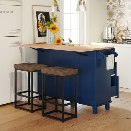 TOPMAX Farmhouse Kitchen Island Set with Drop Leaf and 2 Seatings,Dining Table Set with Storage Cabinet, Drawers and Towel Rack, Blue+Black+Brown - Home Elegance USA