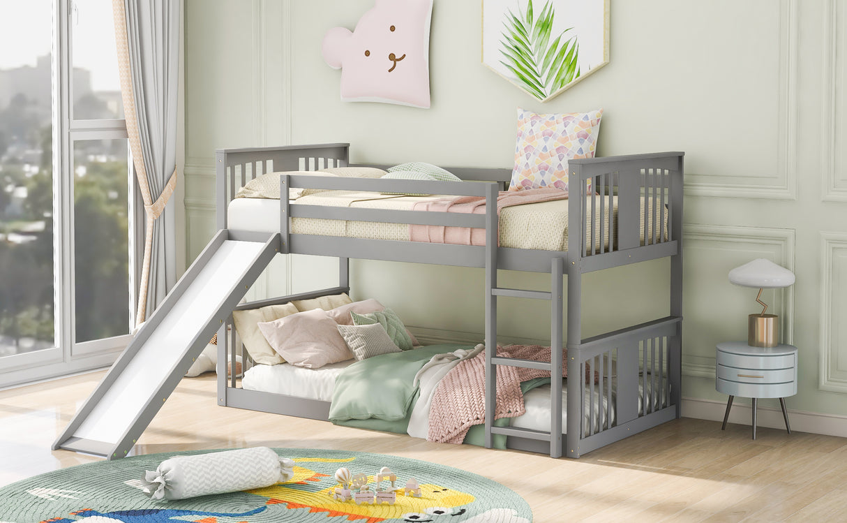 Twin Over Twin Bunk Bed with Slide and Ladder, Gray (Old SKU：LP000108AAE) - Home Elegance USA