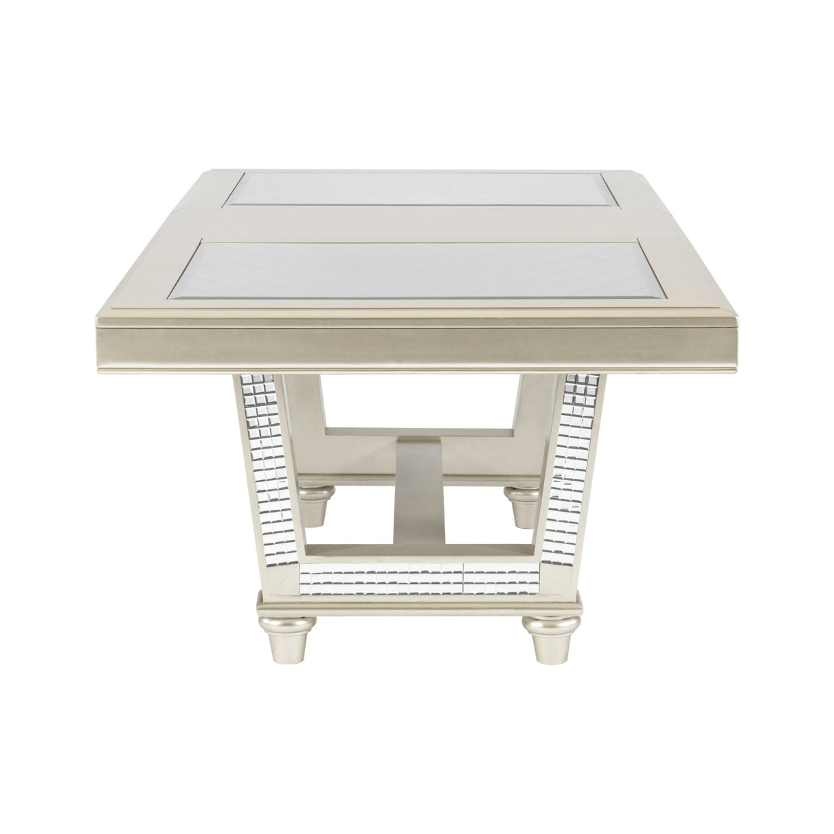 Glamorous Style Dining 7pc Set Champagne Finish Table w Leaf Glass Insert Top Upholstered Tufted 6x Side Chairs Traditional Dining Room Furniture - Home Elegance USA