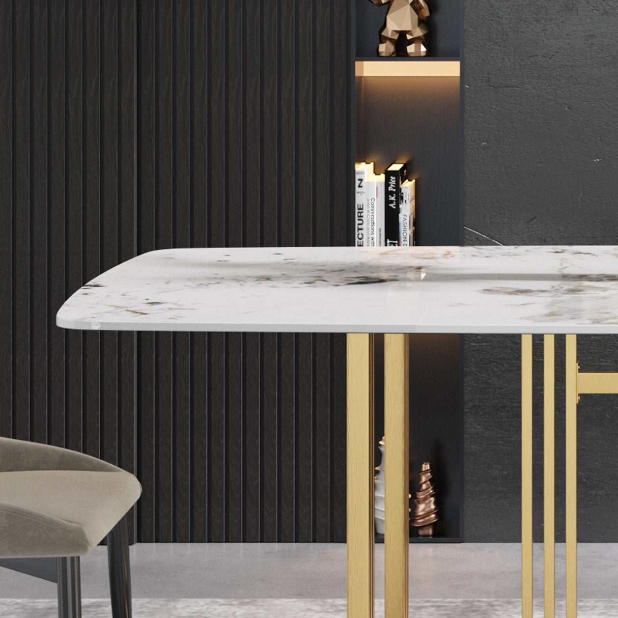 63"Modern artificial stone pandora white curved golden metal leg dining table - 6 people - W1535S00173 - image - 7