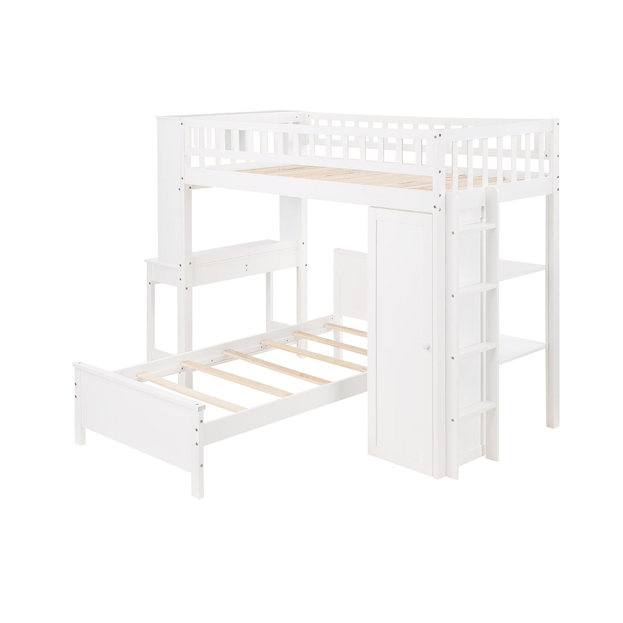 Twin Size Loft Bed with Closet and Desk, Extra Bottom Twin Bed, White - Home Elegance USA