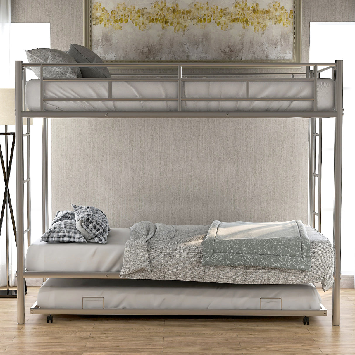 Twin over Twin Bunk Bed with Trundle, Silver - Home Elegance USA