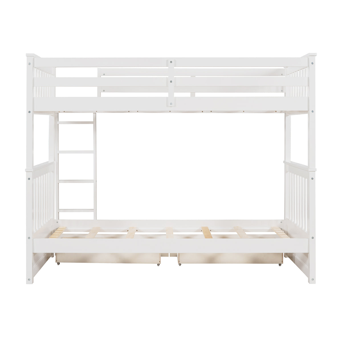 Twin-Over-Twin Bunk Bed with Ladders and Two Storage Drawers (White) - Home Elegance USA