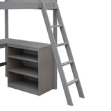 Twin size Loft Bed with Shelves and Desk, Wooden Loft Bed with Desk - Gray(OLD SKU:LT000537AAE) - Home Elegance USA