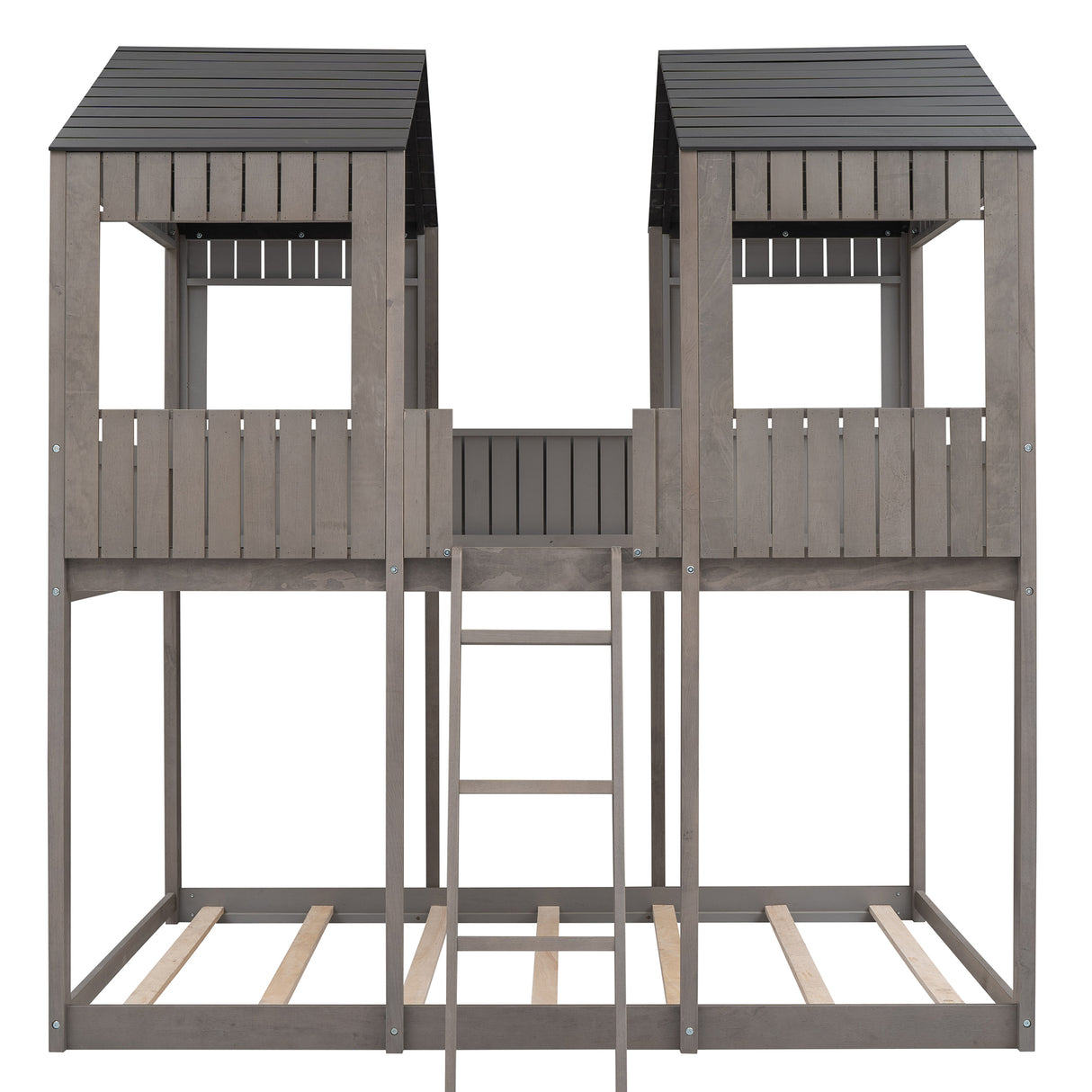 Full Over Full WoodBunk Bed with Roof, Window, Guardrail, Ladder  ( Antique Gray )( old sku: LP000031AAE ) - Home Elegance USA