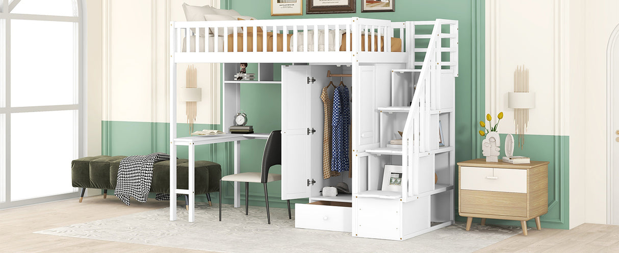 Twin size Loft Bed with Bookshelf,Drawers,Desk,and Wardrobe-White - Home Elegance USA