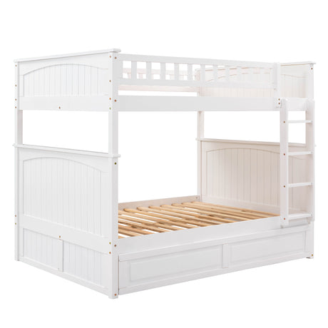 Full Over Full Bunk Bed with Twin Size Trundle, Pine Wood Bunk Bed with Guardrails, White （Old SKU:LP000044AAK）