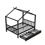 Full Size Metal House Platform Bed with Two Drawers,Headboard and Footboard,Roof Design,Black - Home Elegance USA