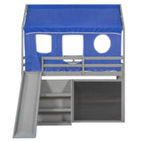 Twin over Twin House Bunk Bed with Blue Tent, Slide, Shelves and Blackboard, Gray - Home Elegance USA