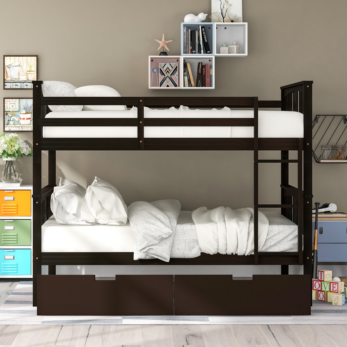 Full over Full Bunk Bed with Drawers and Ladder for Bedroom, Guest Room Furniture-Espresso(OLD SKU :LP000205AAP) - Home Elegance USA