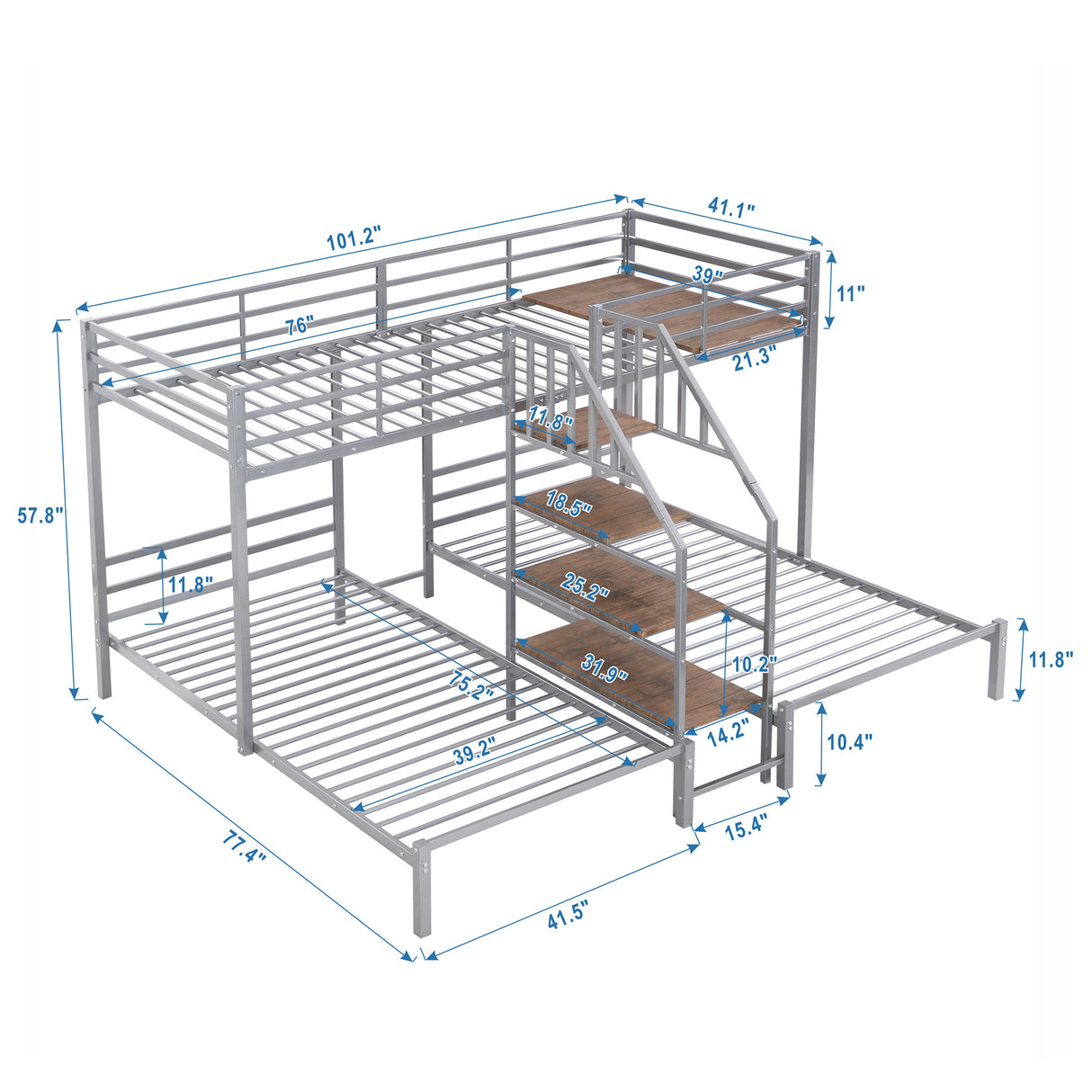 Metal Twin over Twin & Twin Bunk Bed, Triple Bunk Bed with Storage Shelves Staircase, Silver - Home Elegance USA