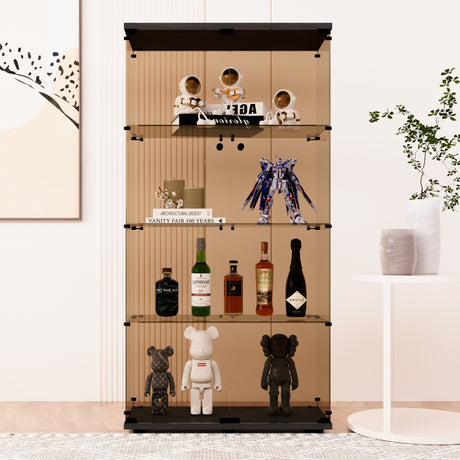 Two-door  Tawny  Glass Display Cabinet 4 Shelves with Door, Floor Standing Curio Bookshelf for Living Room Bedroom Office,  64.7"*31.7"*14.3",Black - Home Elegance USA
