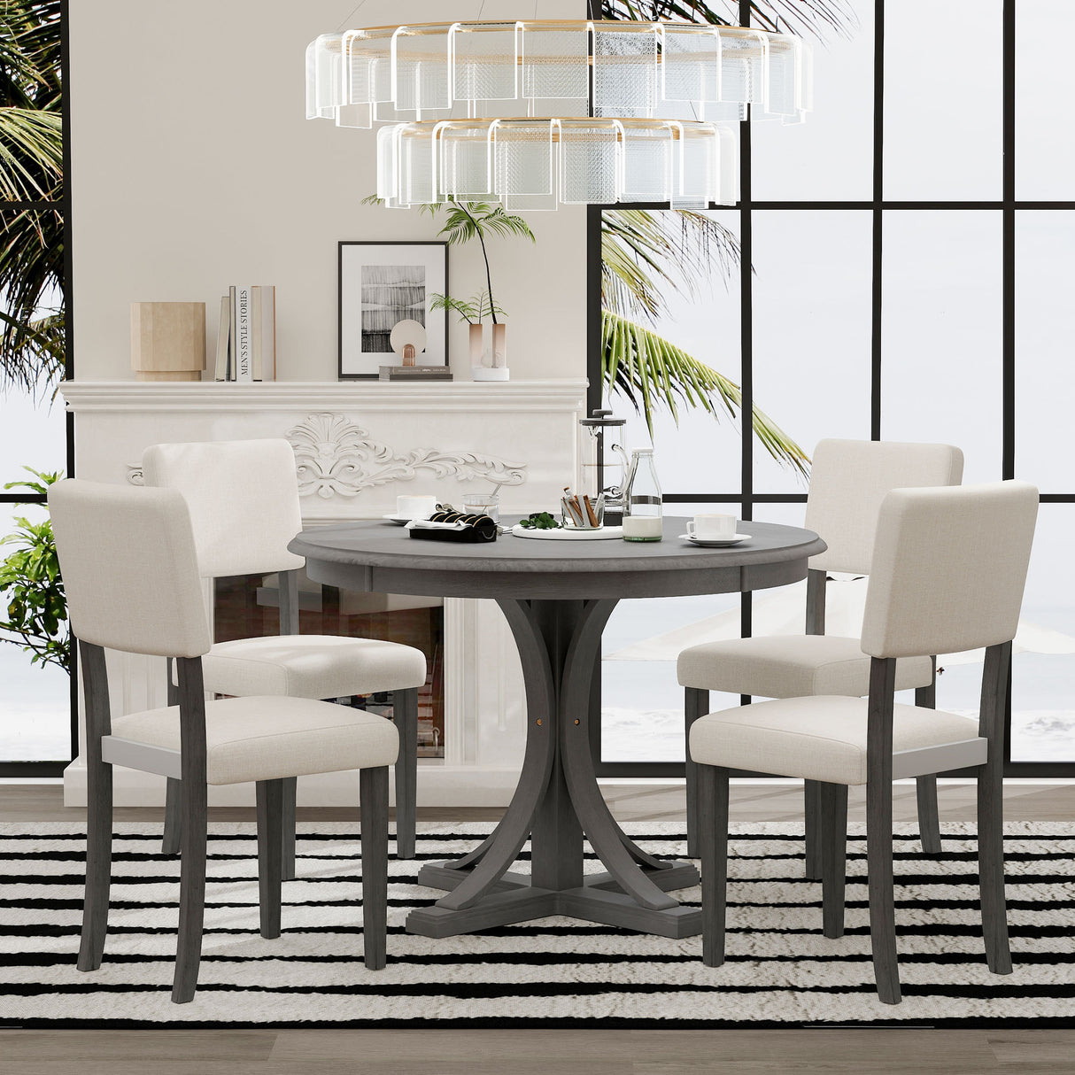 TREXM 5-Piece Retro Round Dining Table Set with Curved Trestle Style Table Legs and 4 Upholstered Chairs for Dining Room (Dark Gray) - Home Elegance USA