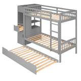 Twin Size Bunk Bed with Trundle and Attached Multifunctional Locker,Gray - Home Elegance USA