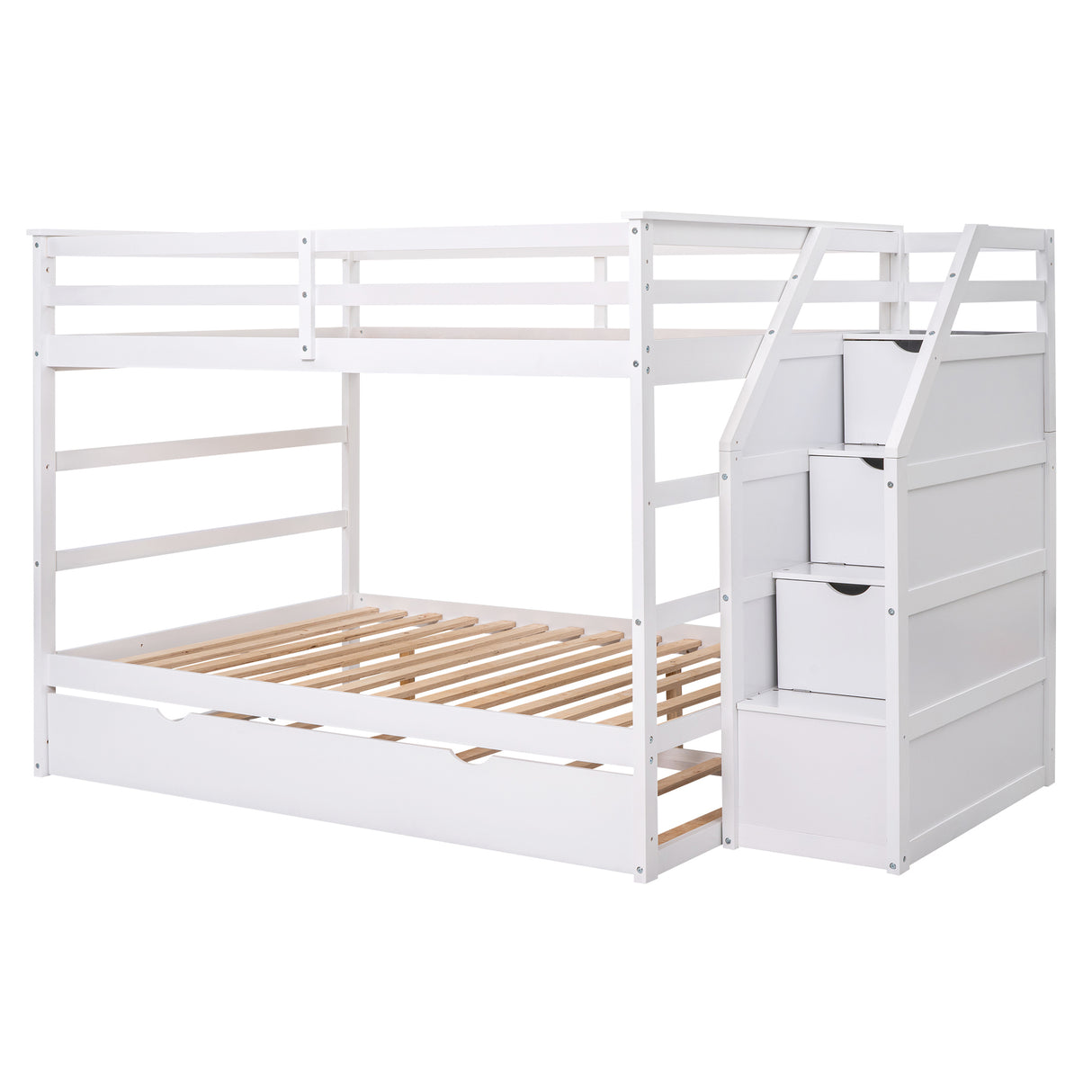 Full-over-Full Bunk Bed with Twin Size Trundle and 3 Storage Stairs,White - Home Elegance USA