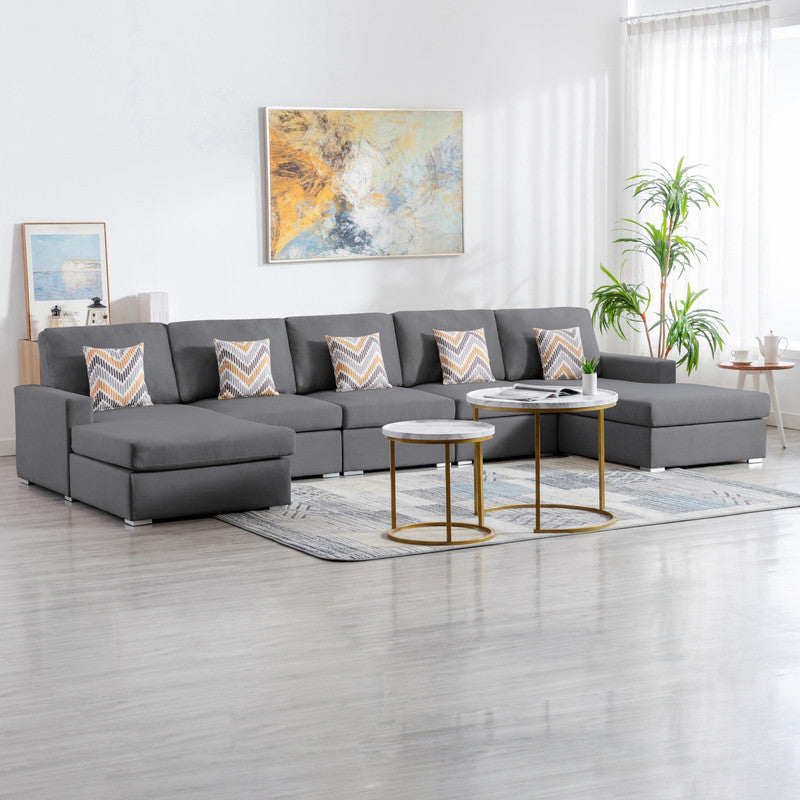 Nolan Gray Linen Fabric 5Pc Double Chaise Sectional Sofa with Pillows and Interchangeable Legs - Home Elegance USA