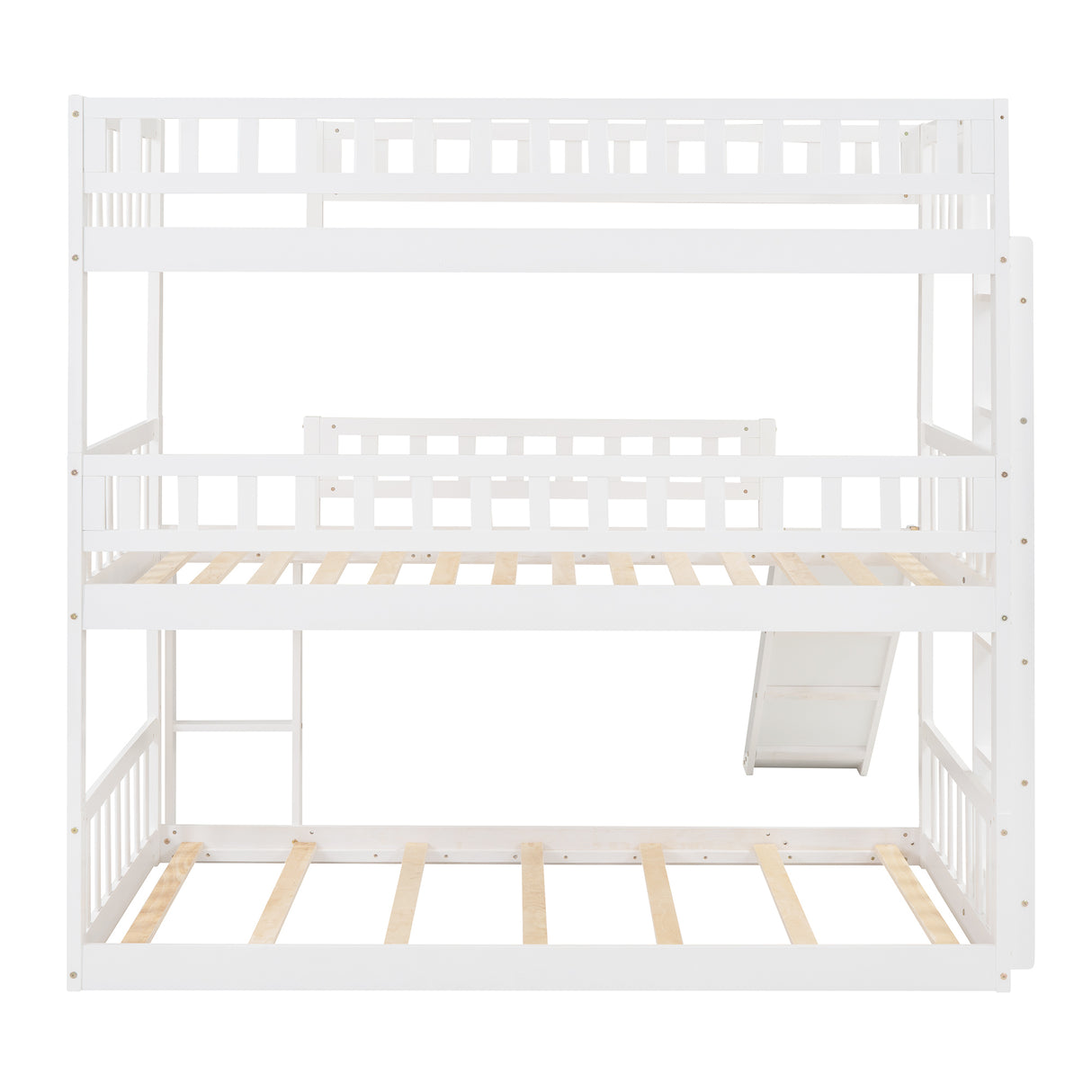 Twin-Over-Twin-Over-Twin Triple Bed with Built-in Ladder and Slide, Triple Bunk Bed with Guardrails, White(OLD SKU: LP000051AAK) - Home Elegance USA