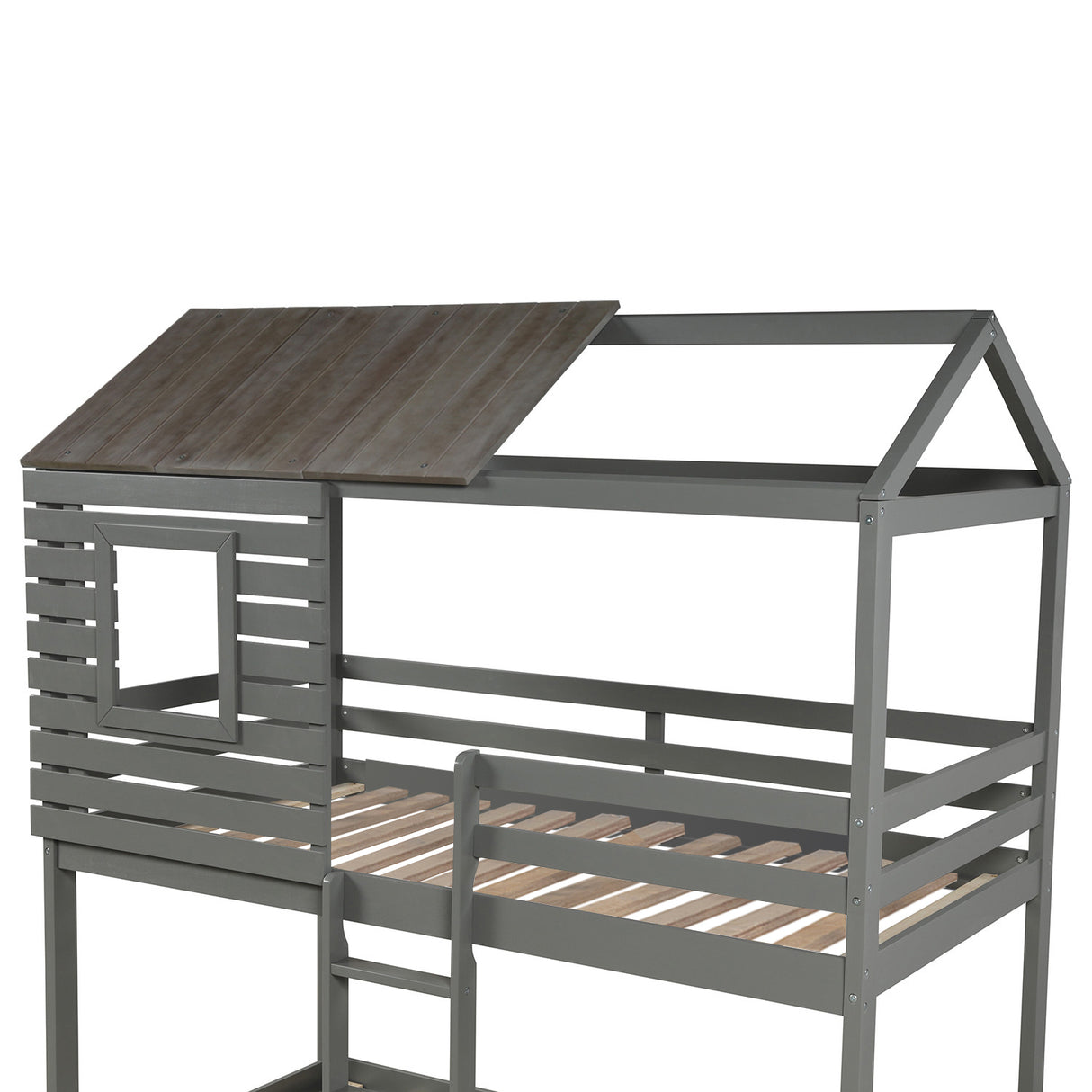 Twin Over Twin Bunk Bed Wood Loft Bed with Roof, Window, Guardrail, Ladder (Gray)(OLD SKU: LP000088AAN) - Home Elegance USA