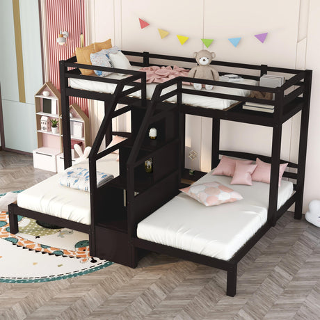 Twin over Twin & Twin Bunk Bed with Built-in Staircase and Storage Drawer,Espresso - Home Elegance USA