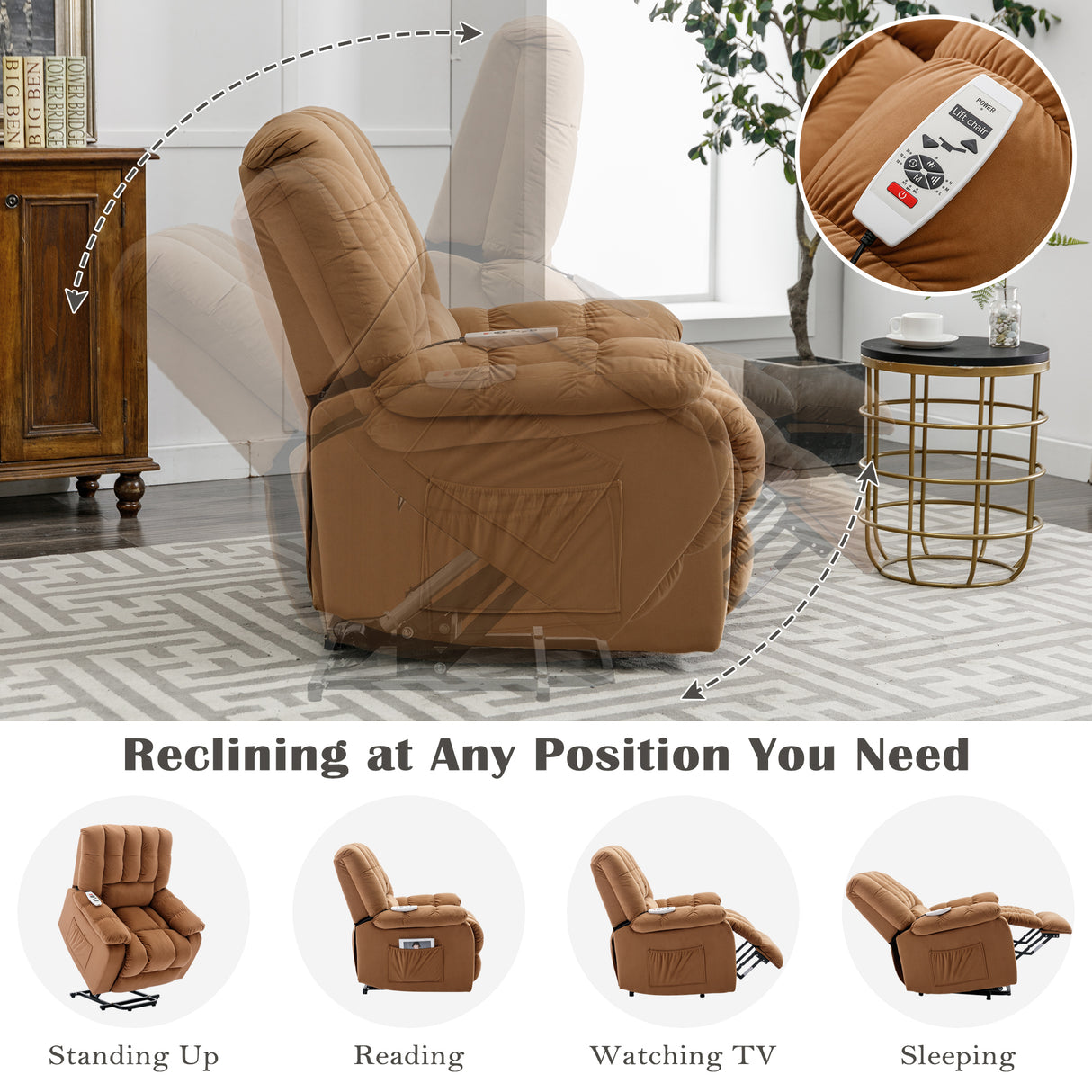 Massage Recliner Chair Electric Power Lift Recliner Chairs with Heat, Vibration, Side Pocket for Living Room, Bedroom, Light Brown Home Elegance USA