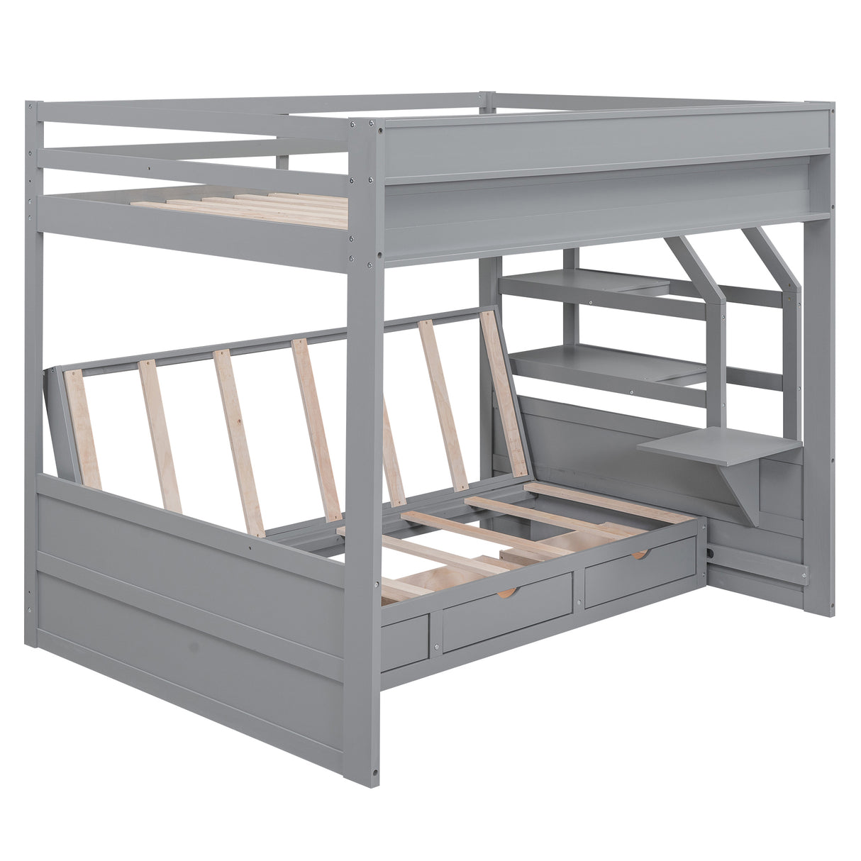 Wood Full Size Convertible Bunk Bed with Storage Staircase, Bedside Table, and 3 Drawers, Gray - Home Elegance USA