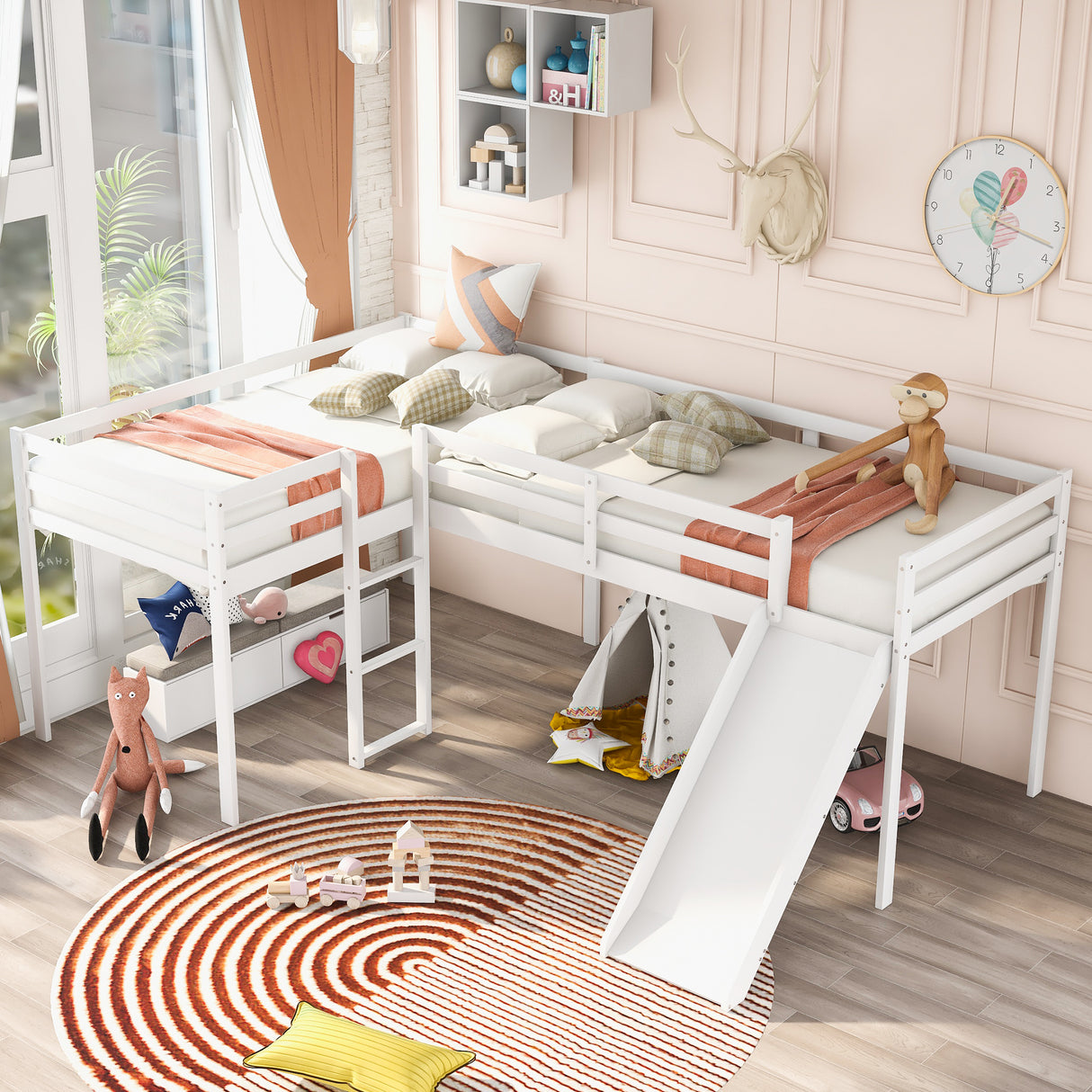 L-Shaped Twin Size Loft Bed with Ladder and Slide, White - Home Elegance USA