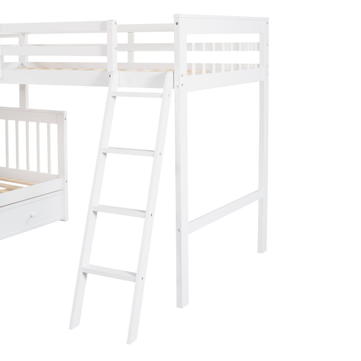 Twin over Full L-Shaped Bunk Bed With 3 Drawers, Ladder and Staircase - White - Home Elegance USA