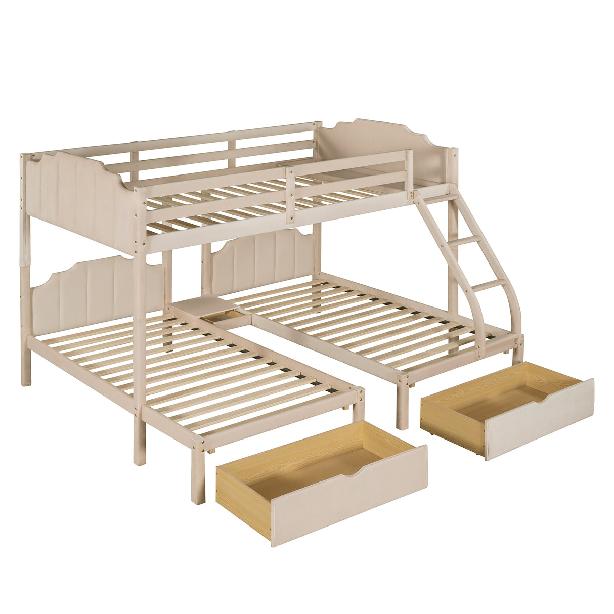 Full Over Twin & Twin Bunk Bed, Velvet Triple Bunk Bed with Drawers and Guardrails, Beige - Home Elegance USA