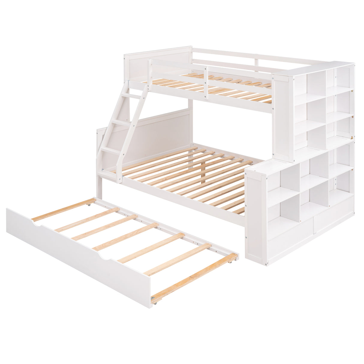 Twin over Full Bunk Bed with Trundle and Shelves, can be Separated into Three Separate Platform Beds, White - Home Elegance USA