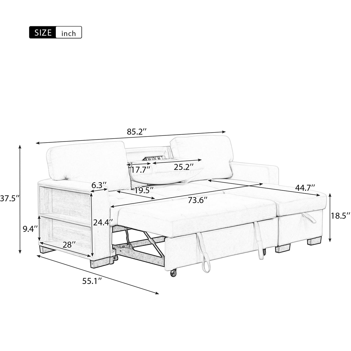 Stylish and Functional Light Chaise Lounge Sectional with Storage Rack Pull-out Bed Drop Down Table  and USB Charger Light Gray - Home Elegance USA