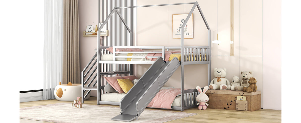 Twin over Twin Metal Bunk Bed House Bed with Slide and Staircase, Silver - Home Elegance USA