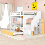 Full Over Full Bunk Bed with Trundle ,Stairs,Ladders Solid Wood Bunk bed with Storage Cabinet （White + Yellow） - Home Elegance USA