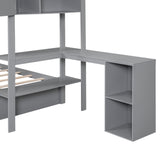 Wood Twin over Full Bunk Bed with Drawers, Shelves, Cabinets, L-shaped Desk and Magazine Holder, Gray - Home Elegance USA