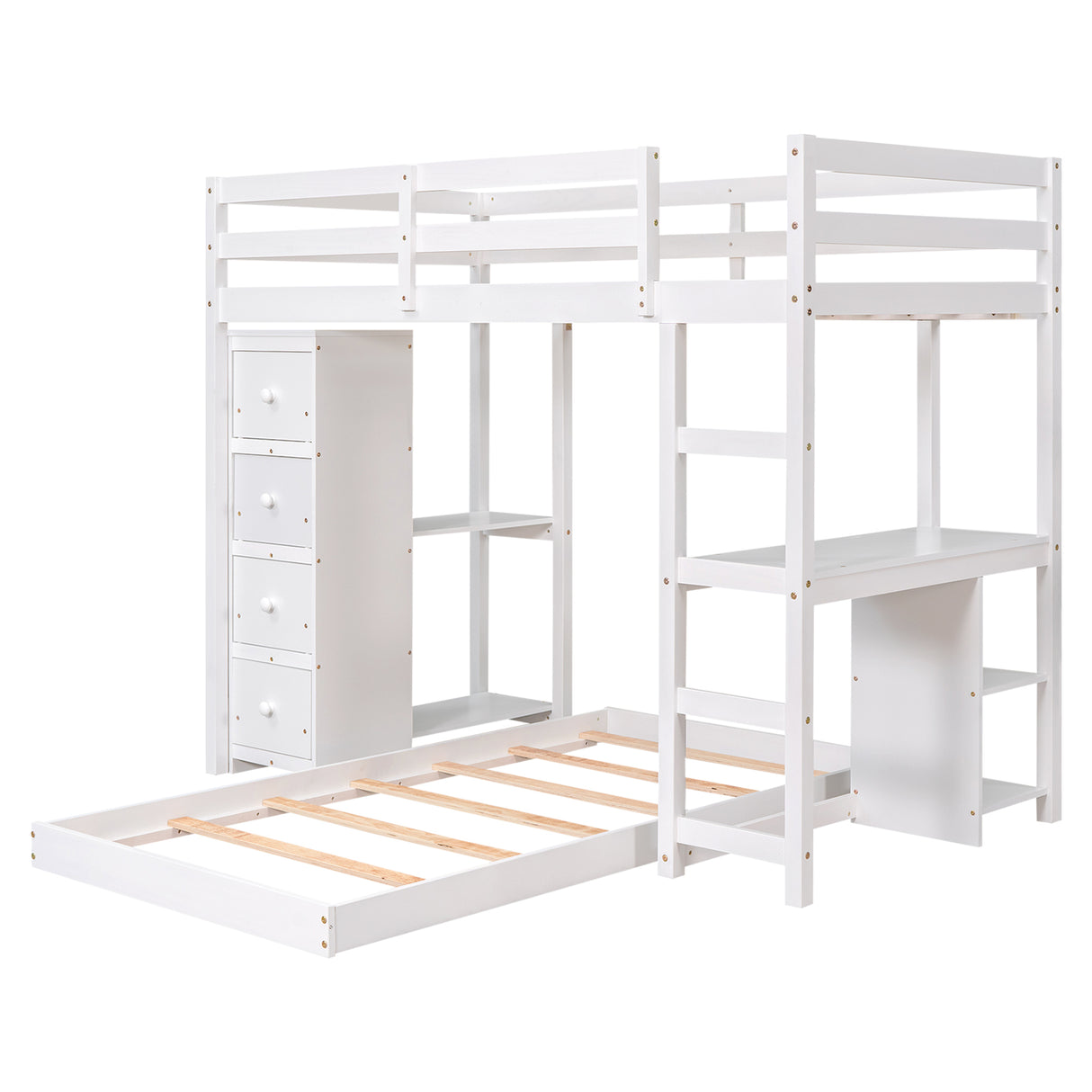 Twin over Twin Bed with Drawers and Shelves,White - Home Elegance USA