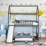 Twin Over Twin Bunk Bed with Slide, House Bed with Slide, Gray(OLD SKU: LT000214AAE) - Home Elegance USA