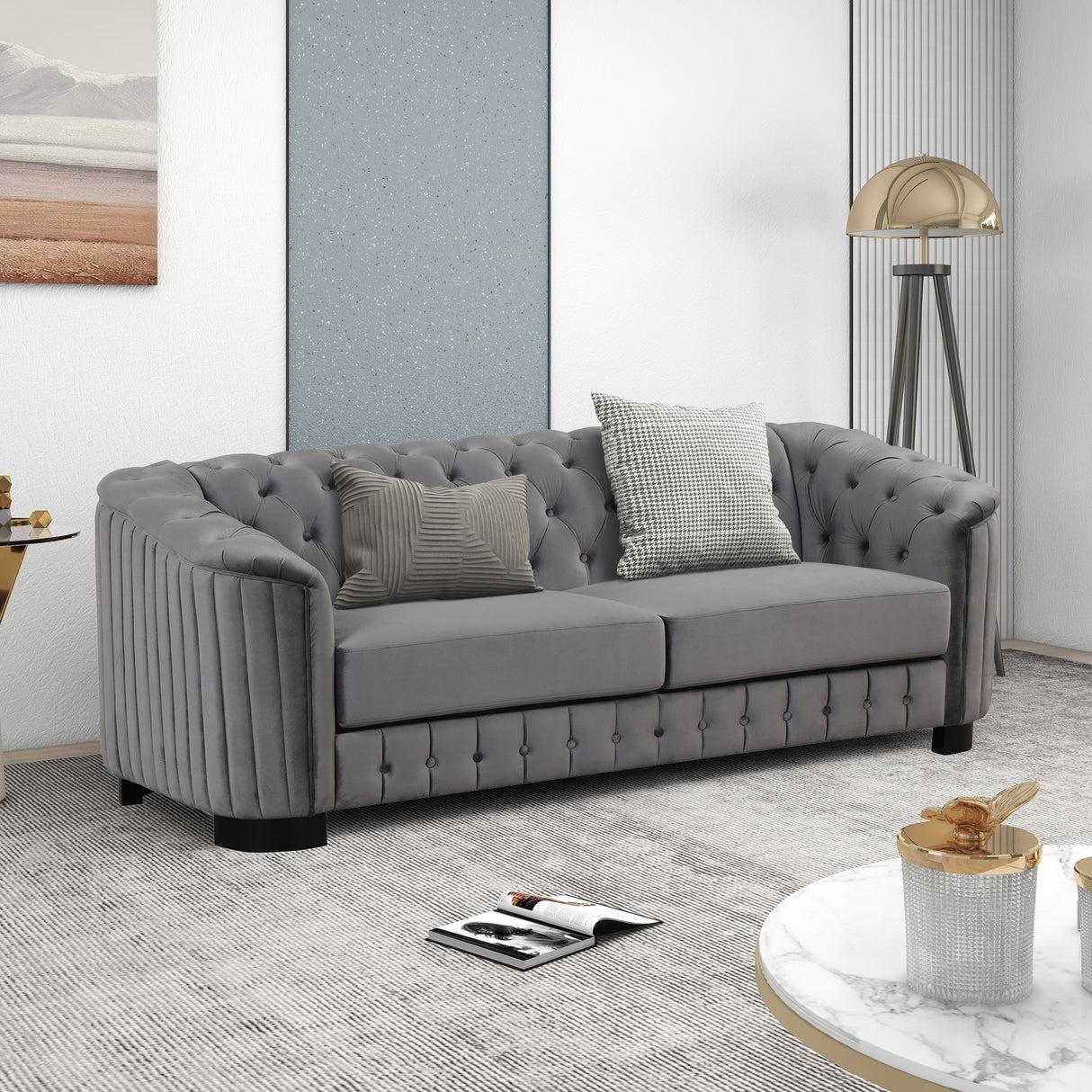 Gray 3-Seater Sofa Upholstered Velvet Sofa Pillows Included