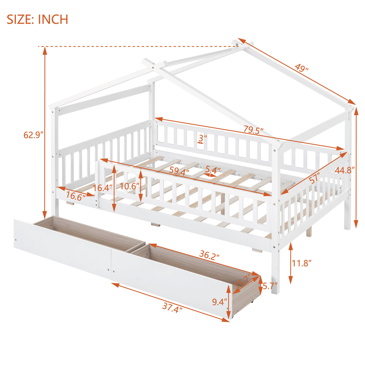 Full Size Wooden House Bed with Two Drawers, White - Home Elegance USA