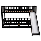 Bunk Bed with Slide,Twin Over Twin Low Bunk Bed with Fence and Ladder for Toddler Kids Teens Espresso - Home Elegance USA