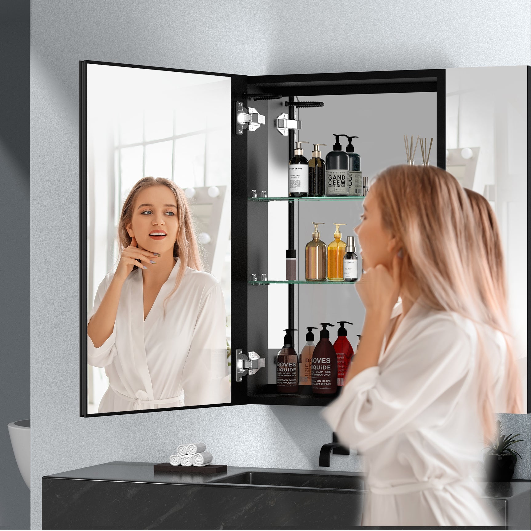 30x30 Inch LED Bathroom Medicine Cabinet with Mirror Defogging Dimmer Black - W995S00049 - image - 3