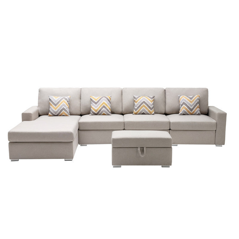 Nolan Beige Linen Fabric 5Pc Reversible Sofa Chaise with Interchangeable Legs, Storage Ottoman, and Pillows - Home Elegance USA