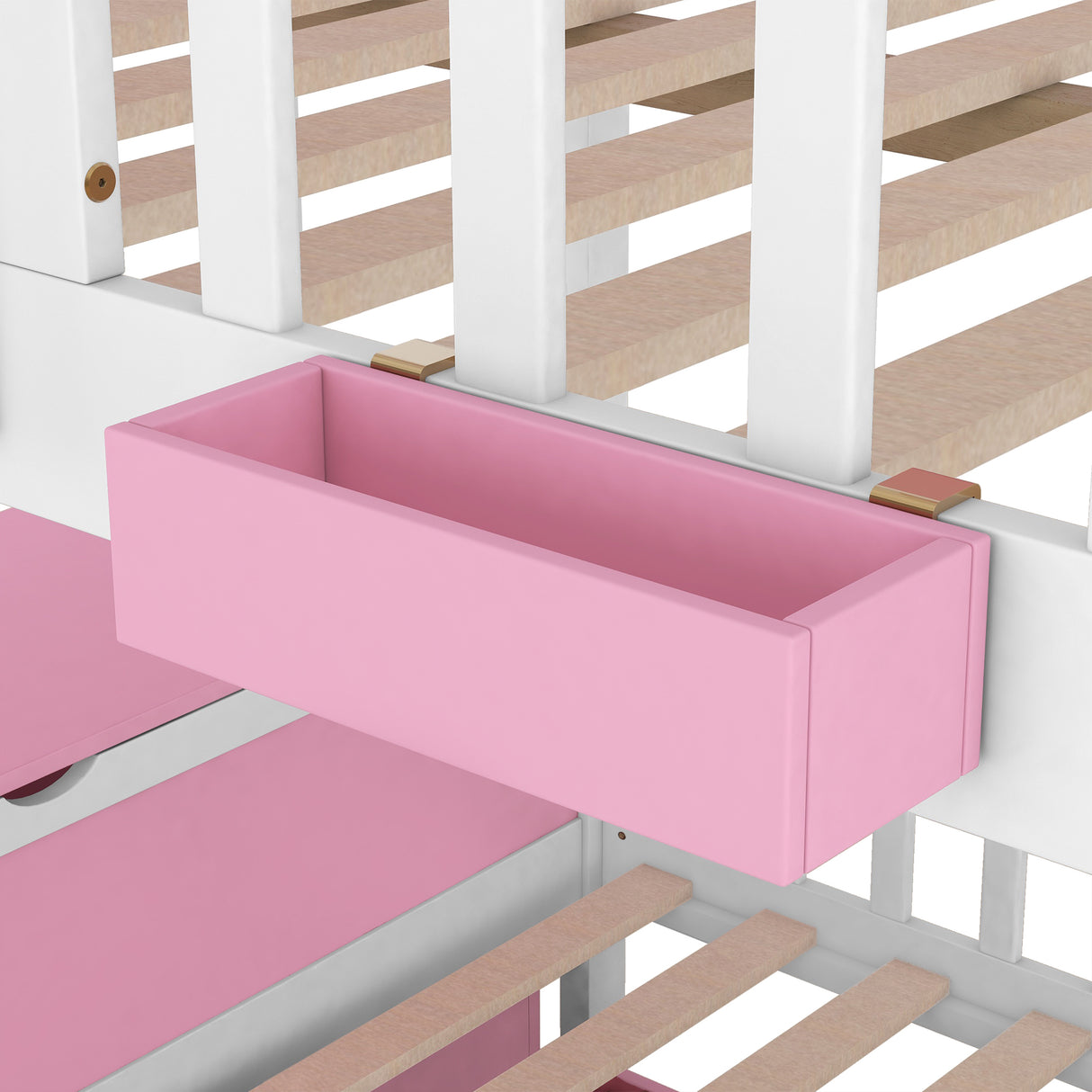 Full over Full Bunk Bed with Twin Size Trundle , Farmhouse Bed with Storage Box and Drawer - Pink - Home Elegance USA