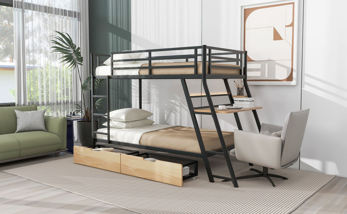 Twin Size Metal Bunk Bed with Built-in Desk, Light and 2 Drawers, Black(Expected Arrival Time: 9.18)