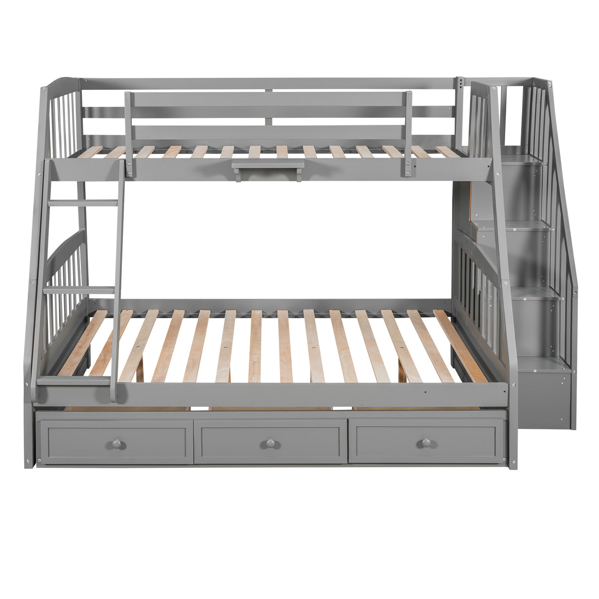 Twin-Over-Full Bunk Bed with Drawers，Ladder and Storage Staircase, Gray - Home Elegance USA