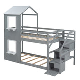 Twin Over Twin Bunk Bed with Storage Stairs,Wood Bed with Roof, Window, Guardrail, Ladder，Gray+White - Home Elegance USA