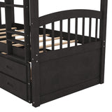 Twin over Twin Wood Bunk Bed with Trundle and Drawers, Espresso - Home Elegance USA