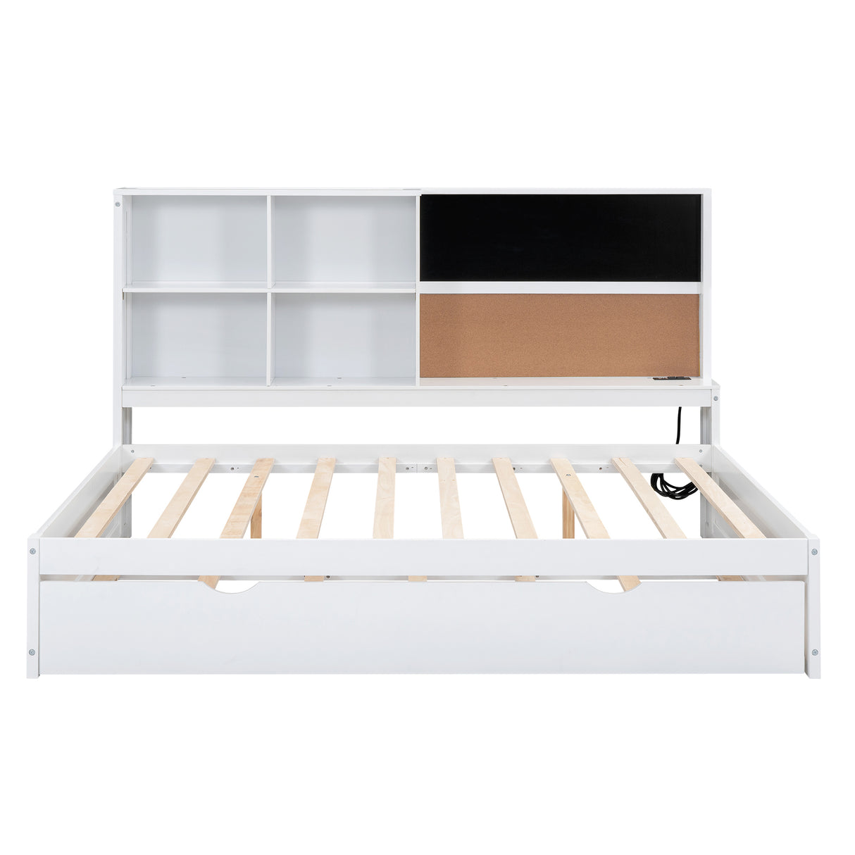 Full Size Daybed with Storage Shelves, Blackboard, Cork board, USB Ports and Twin Size Trundle, White(Expected Arrival Time: 8.2) - Home Elegance USA